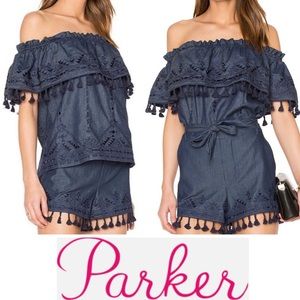 $265 PARKER “Trinidad” Dark Chambray Off Shoulder Embroidered Top w Tassels